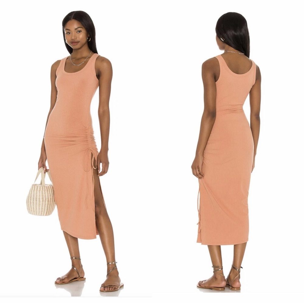L*Space Wome’s Sandpiper Maxi Dress Sleeveless Ribbed Side Ruched Putty Orange S - Picture 2 of 14
